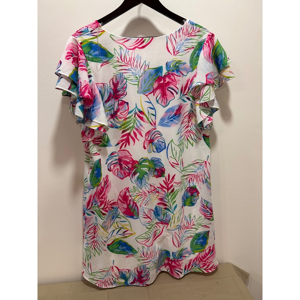 Spin Tropical Leaf Print Ruffle Sleeve Mini Dress White Pink Green Large MD 3704